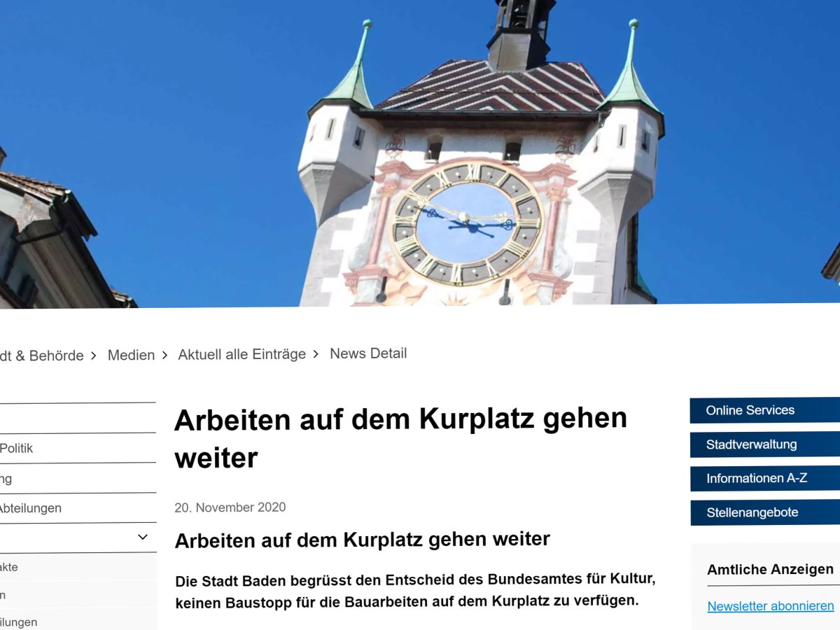 20. November: Kein Baustopp – Antwort des Bundesamts für Kultur und Stellungnahme der Stadt&nbsp;Baden